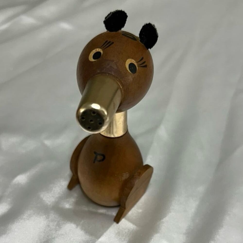 Vintage Mid-Century Teak Wood and Brass Stacking Salt/Pepper Shaker Bear 4.5”